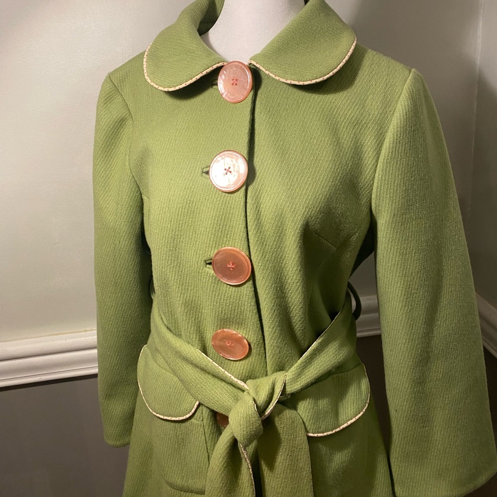 Anthropologie Julie Haus Wool Coat-Green with large, round, pink buttons